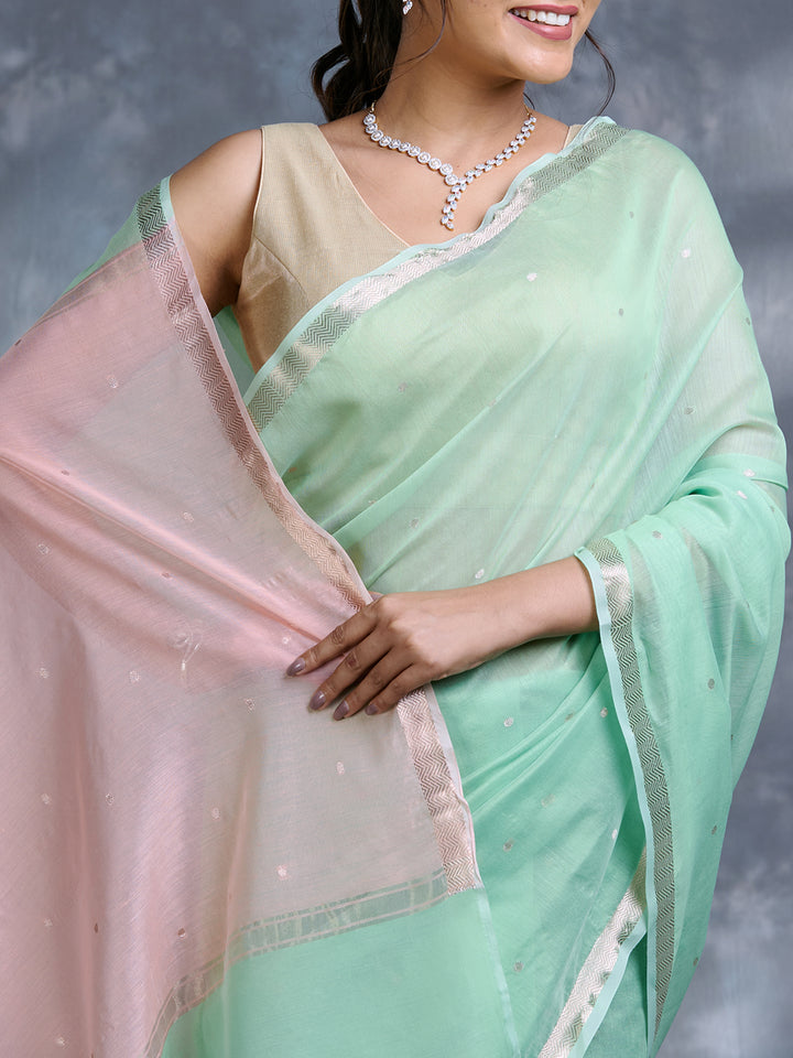 Green Chanderi Mulmul Zari Woven Saree