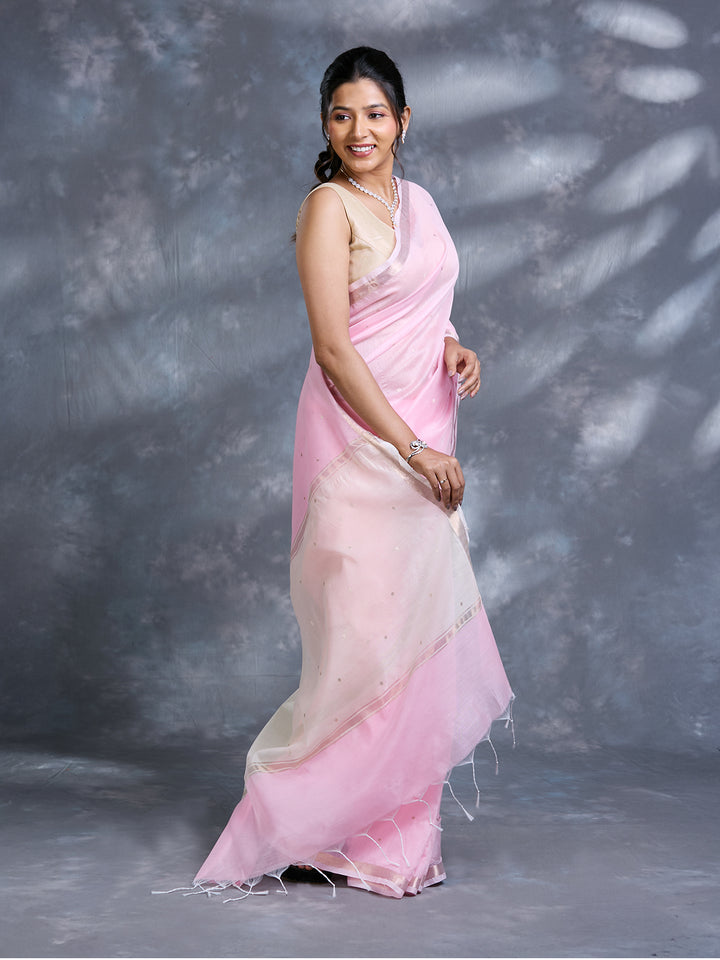 Pink Chanderi Mulmul Zari Woven Saree