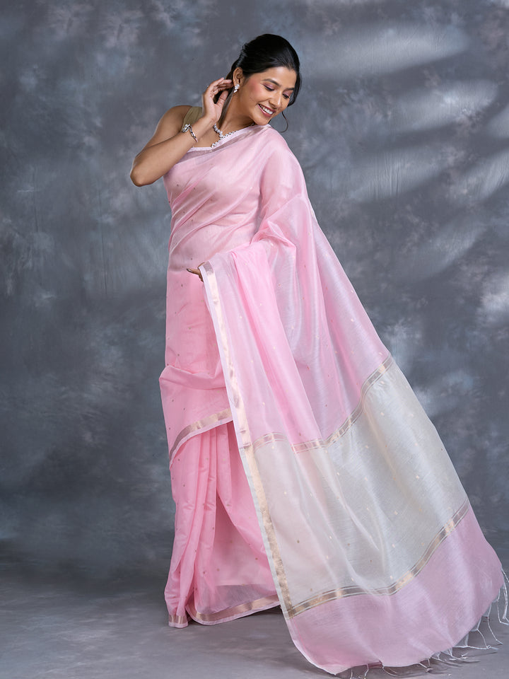 Pink Chanderi Mulmul Zari Woven Saree
