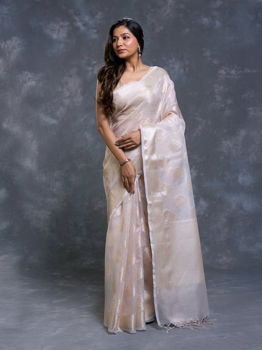 Beige Kota Tissue Zari Woven Saree