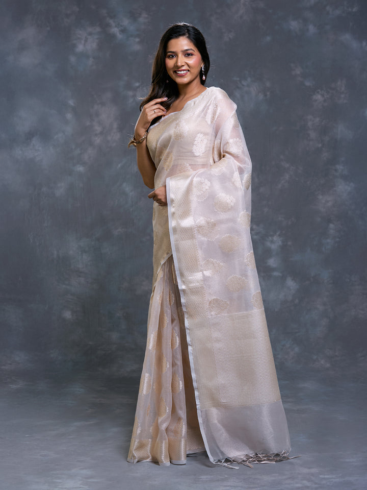 Beige Kota Tissue Zari Woven Saree