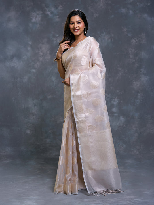 Beige Kota Tissue Zari Woven Saree