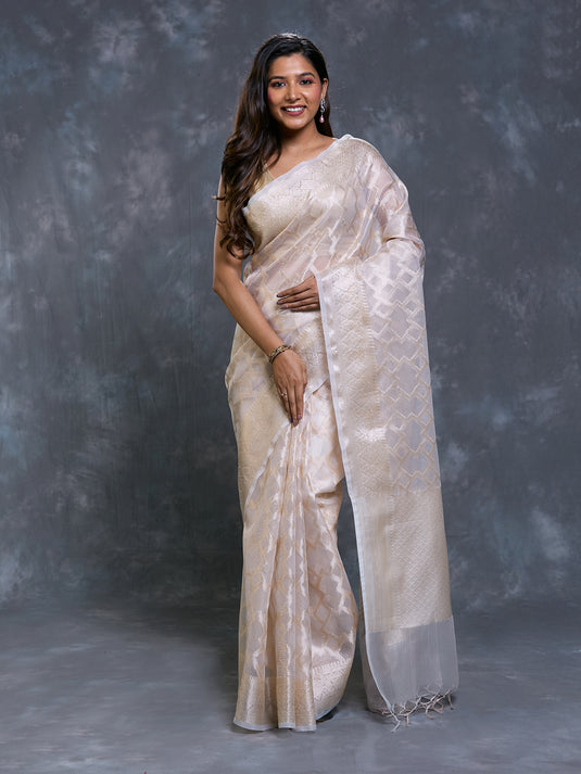 Beige Kota Tissue Zari Woven Saree