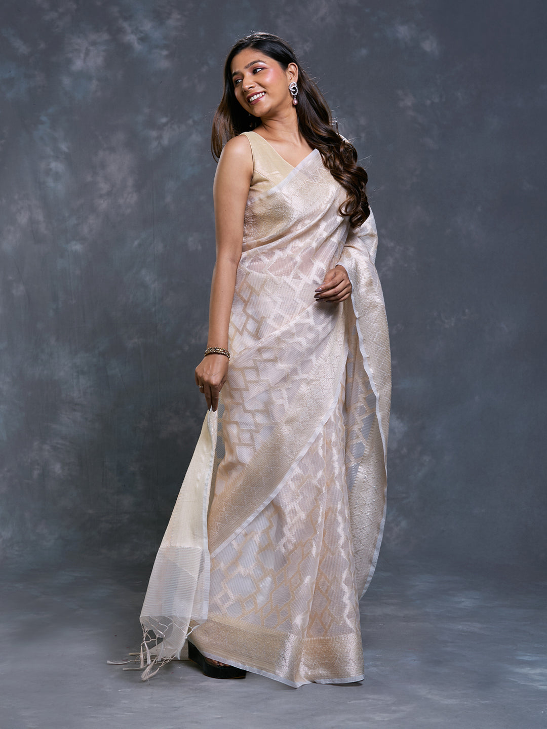 Beige Kota Tissue Zari Woven Saree_2
