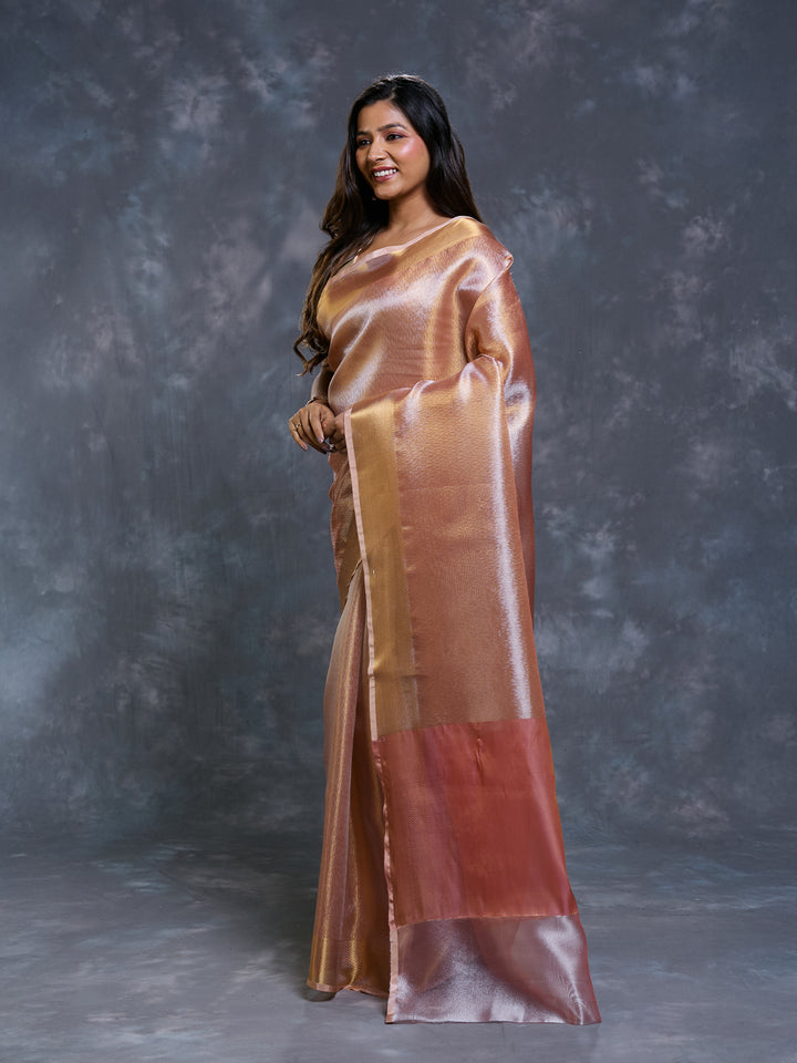 Peach Tissue Zari Woven Saree