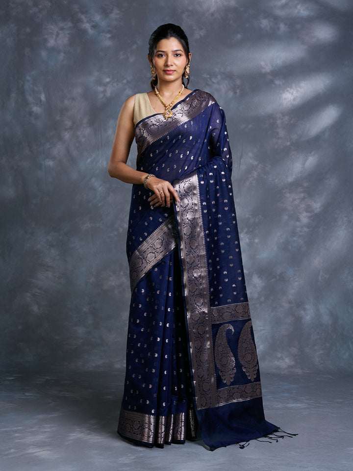 Blue Mulmul Cotton Zari Woven Saree