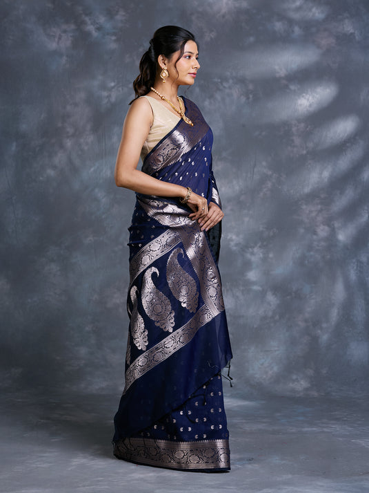 Blue Mulmul Cotton Zari Woven Saree