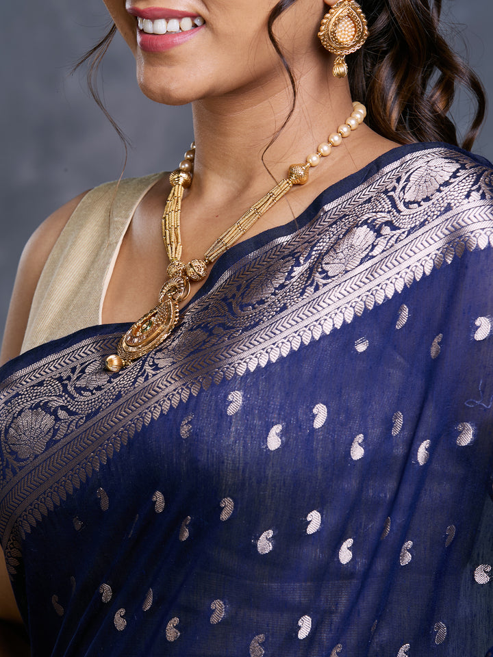 Blue Mulmul Cotton Zari Woven Saree