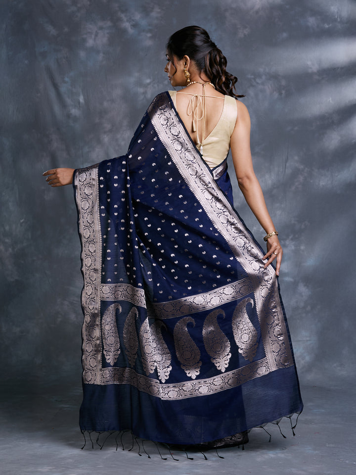 Blue Mulmul Cotton Zari Woven Saree