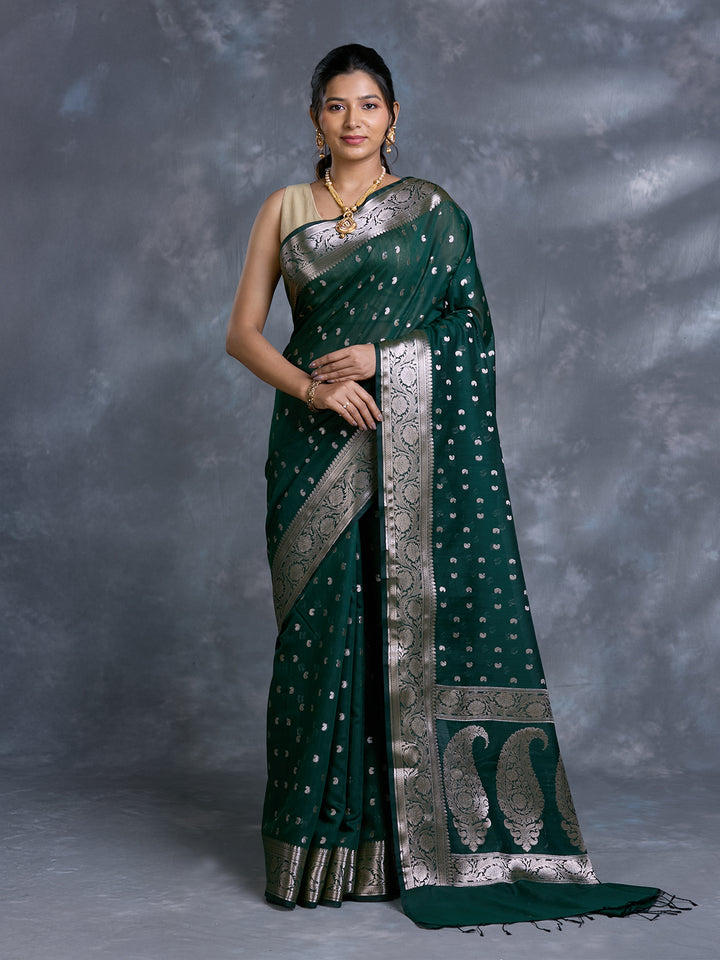 Green Mulmul Cotton Zari Woven Saree