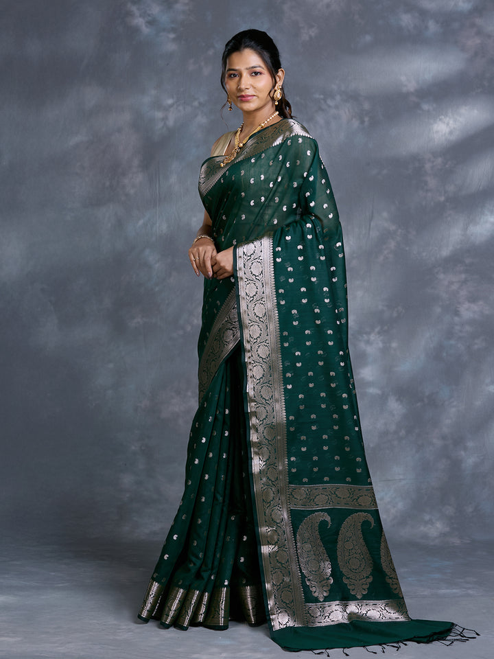 Green Mulmul Cotton Zari Woven Saree