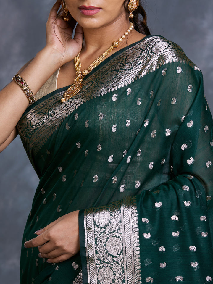 Green Mulmul Cotton Zari Woven Saree