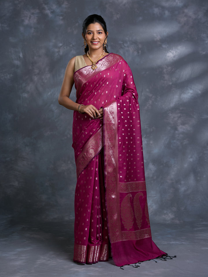 Magenta Mulmul Cotton Zari Woven Saree