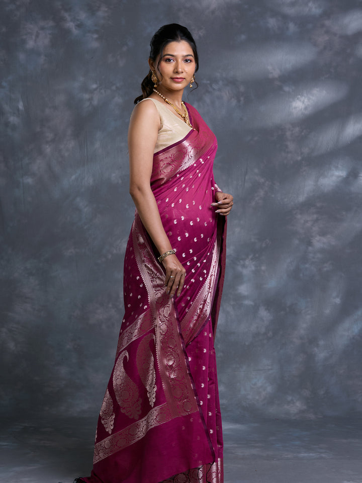 Magenta Mulmul Cotton Zari Woven Saree
