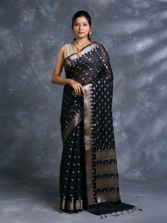 Black Mulmul Cotton Zari Woven Saree