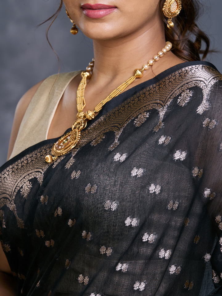Black Mulmul Cotton Zari Woven Saree