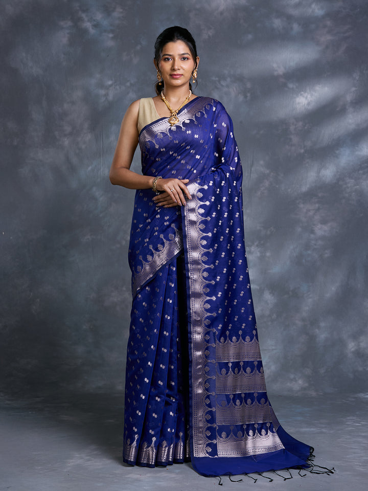 Blue Mulmul Cotton Zari Woven Saree