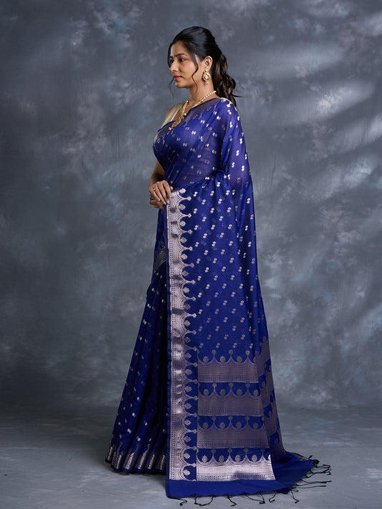 Blue Mulmul Cotton Zari Woven Saree