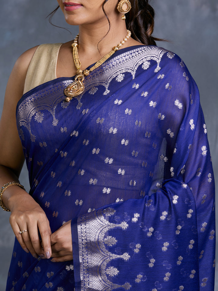 Blue Mulmul Cotton Zari Woven Saree