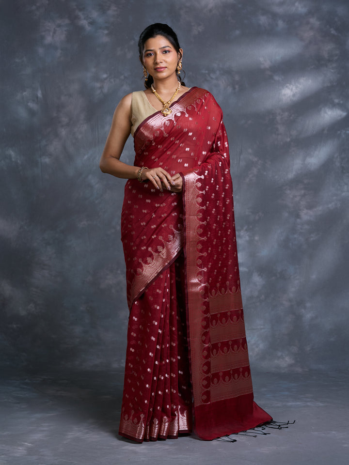 Red Mulmul Cotton Zari Woven Saree