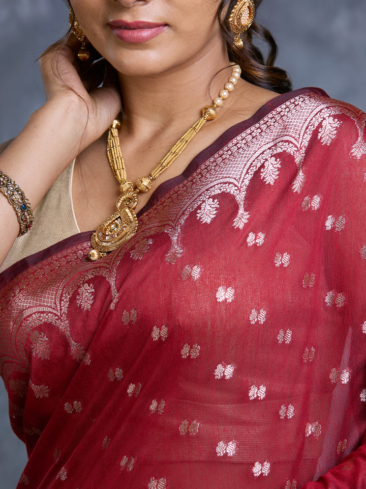 Red Mulmul Cotton Zari Woven Saree