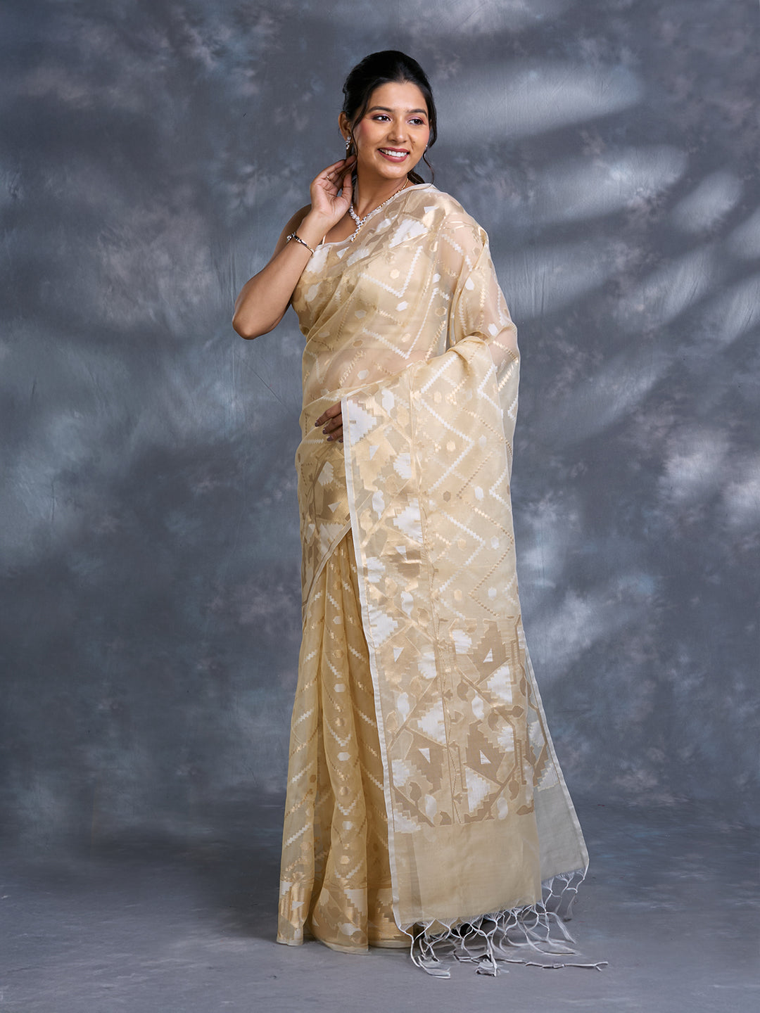 Gold Kora Organza Jamdani Saree_3