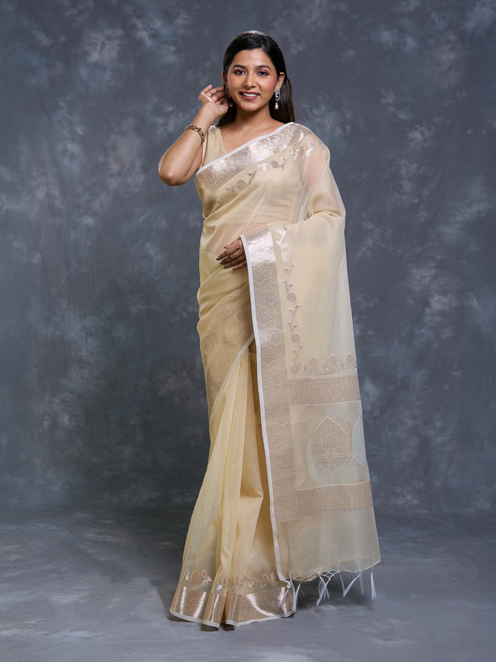 Beige Kora Organza Woven Saree