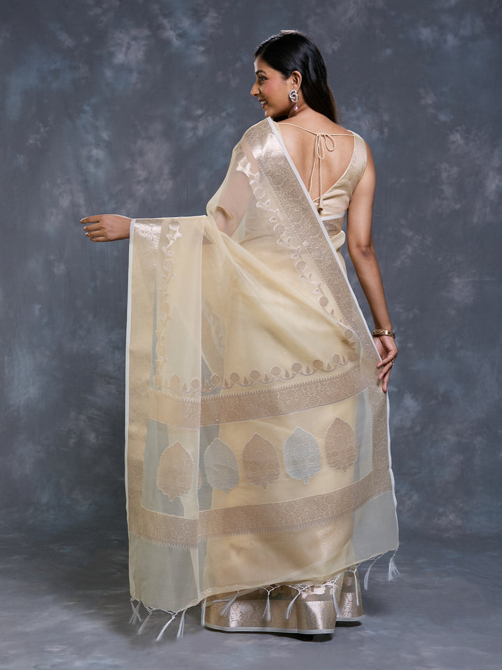 Beige Kora Organza Woven Saree