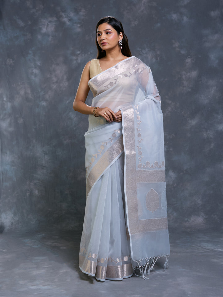 Grey Kora Organza Woven Saree
