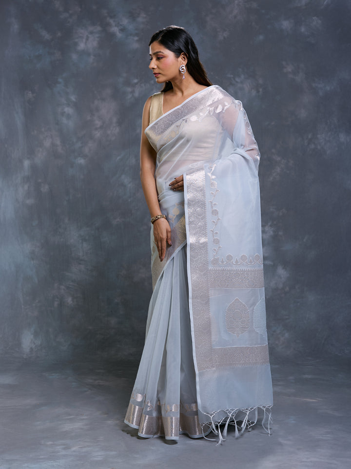 Grey Kora Organza Woven Saree