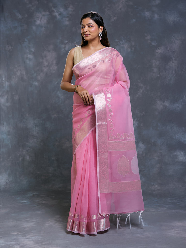 Pink Kora Organza Woven Saree