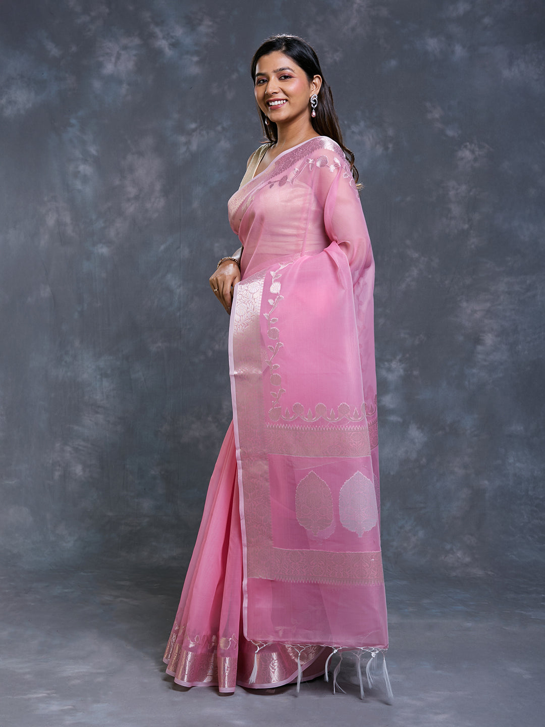 Pink Kora Organza Woven Saree_3