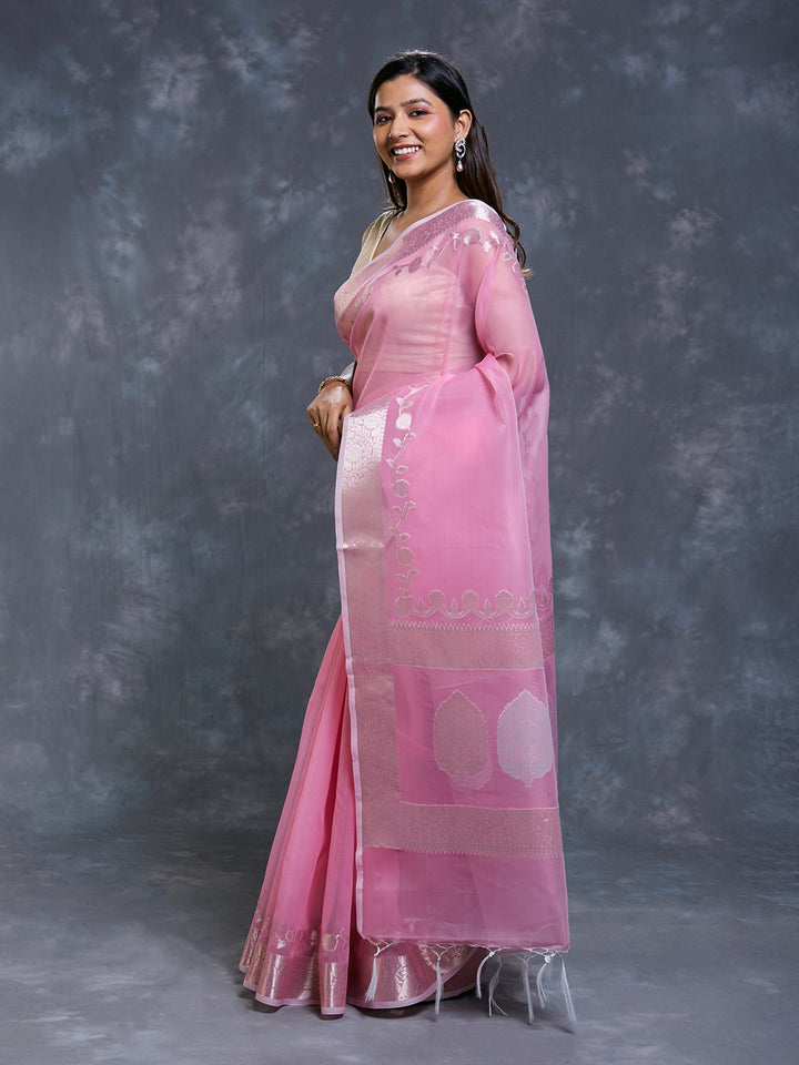 Pink Kora Organza Woven Saree