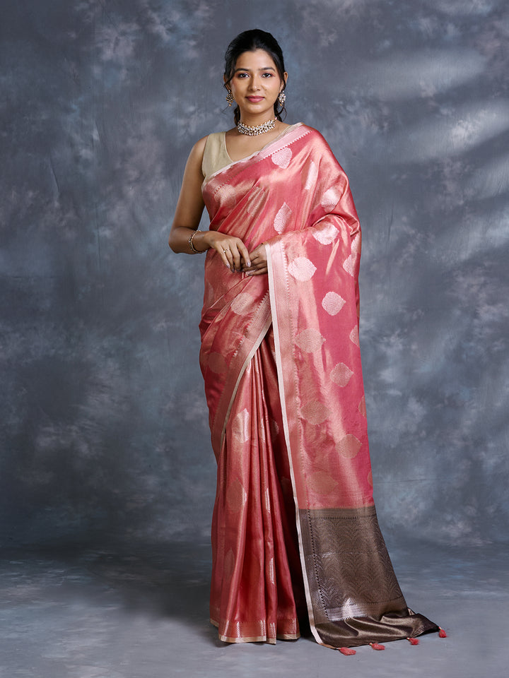 Peach Tissue Zari Woven Saree
