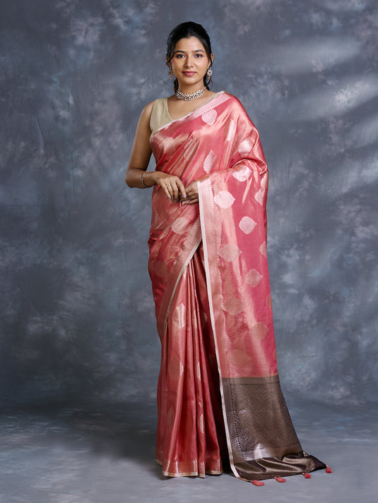 Peach Tissue Zari Woven Saree