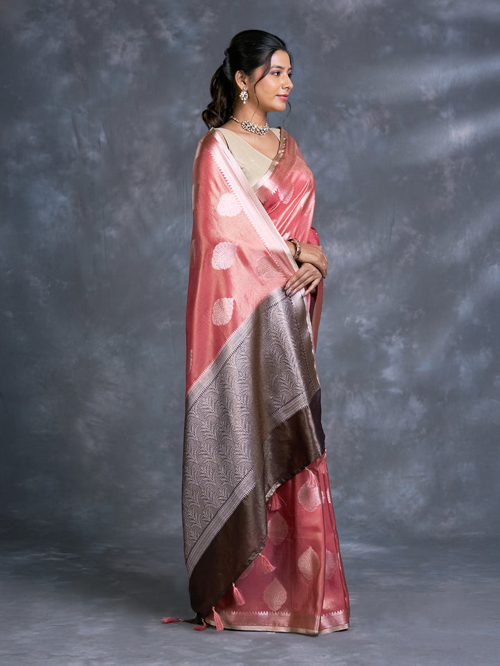 Peach Tissue Zari Woven Saree