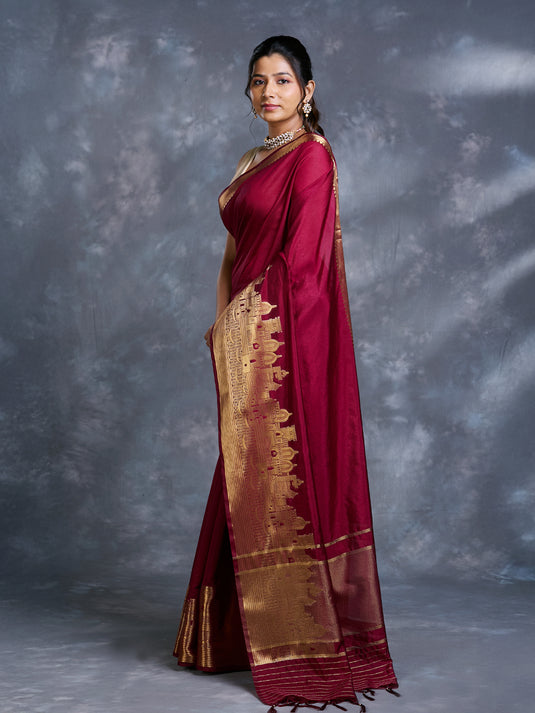 Maroon woven dupion silk saree