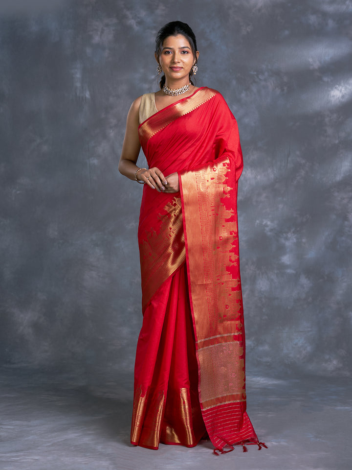 Red Dupion Silk Woven Saree
