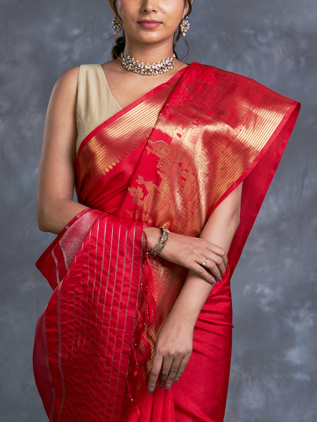 Red Dupion Silk Woven Saree_4