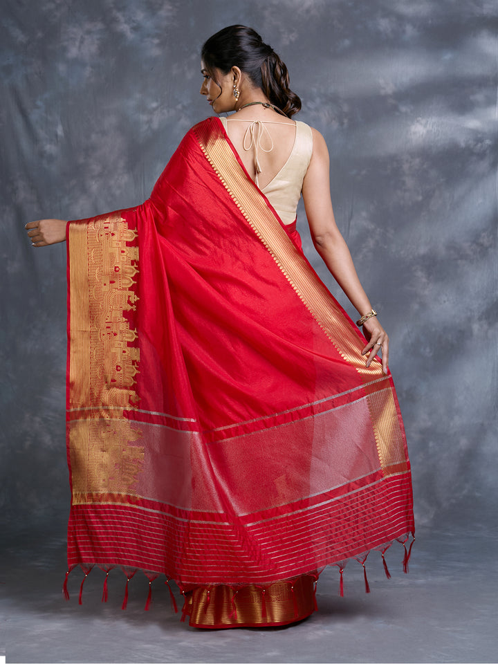 Red Dupion Silk Woven Saree