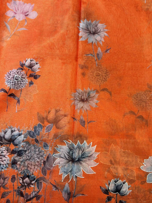 Orange Kota Silk Printed Saree