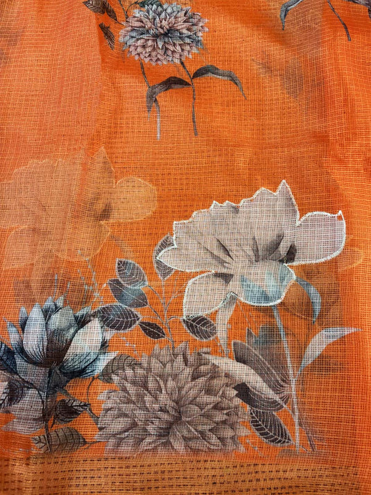 Orange Kota Silk Printed Saree