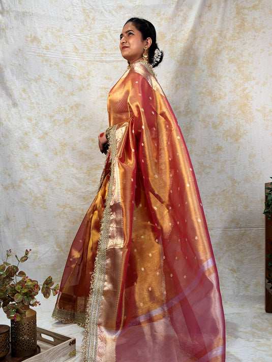 Rose Gold Tissue Silk Saree With Lace Border