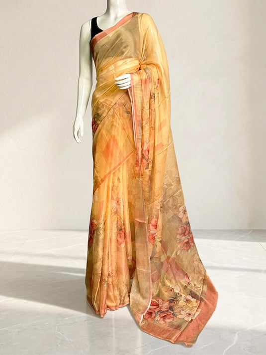 Yellow Chiffon Printed  Saree
