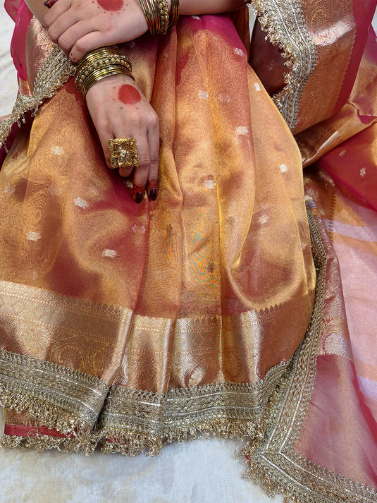 Rose Gold Tissue Silk Saree With Lace Border