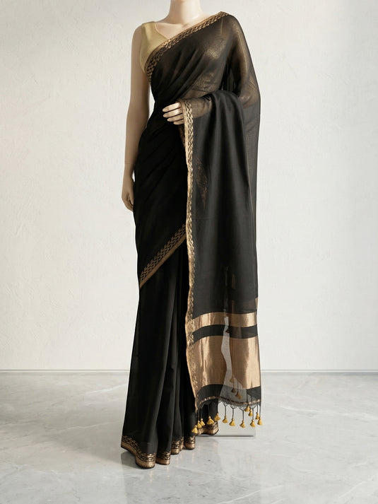 Black Mul Cotton Zari Woven Saree