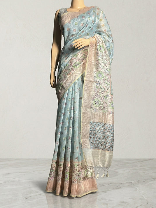 Blue Cotton Printed Saree