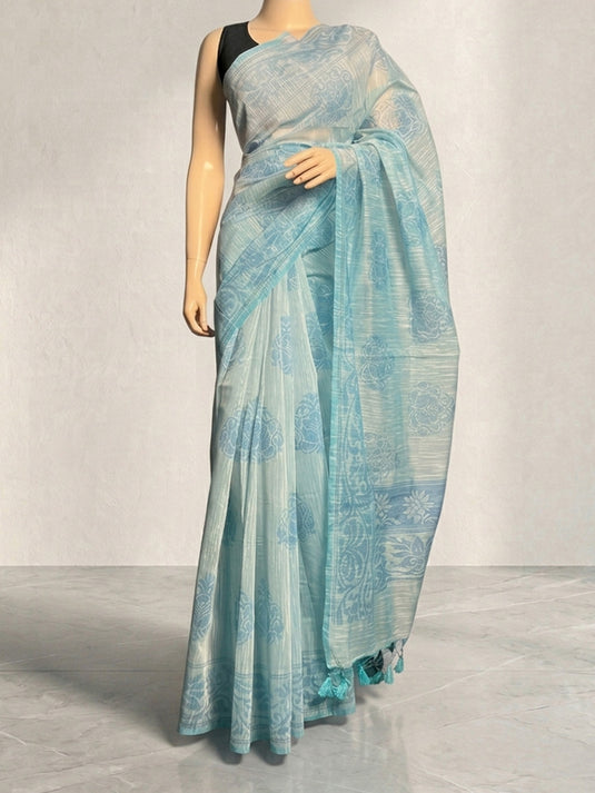 Blue Cotton Printed Saree