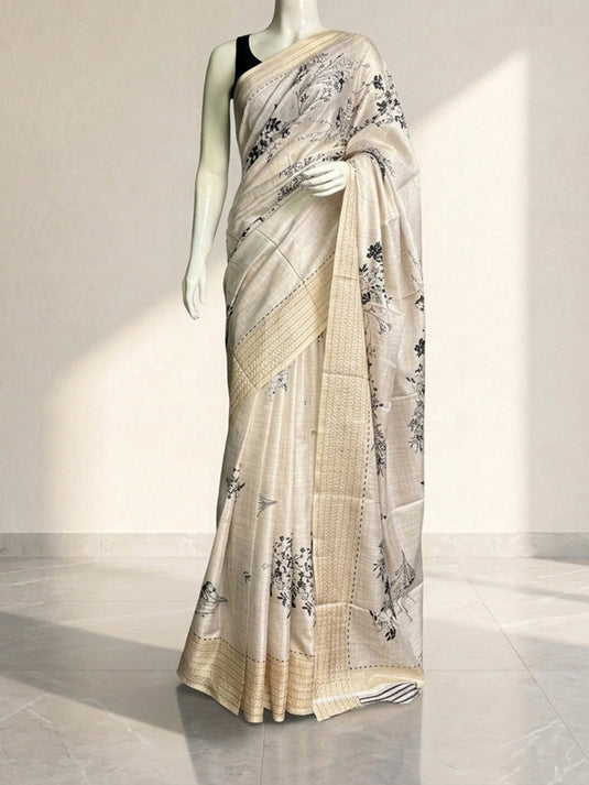 White Tussar Printed Saree