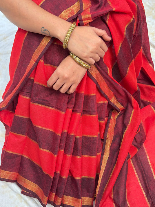 Red Cotton Zari Woven Saree